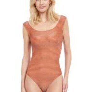 NWT Gottex Martini Orange Metallic Striped Round Neck One Piece Swimsuit Size 10